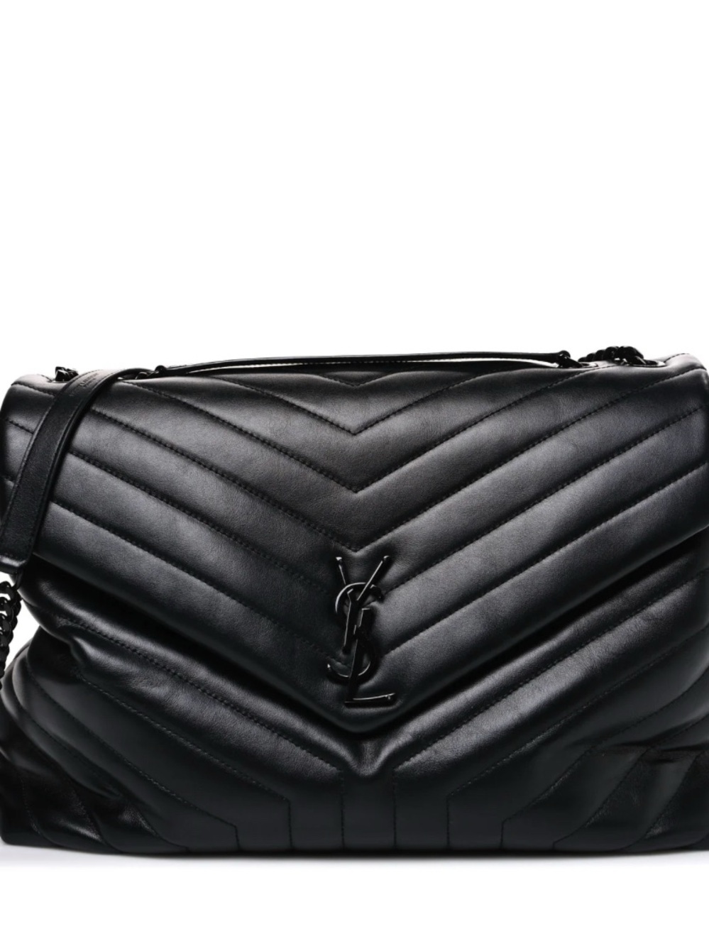 Saint Laurent Black Quilted Chevron Shoulder Bag with YSL Logo